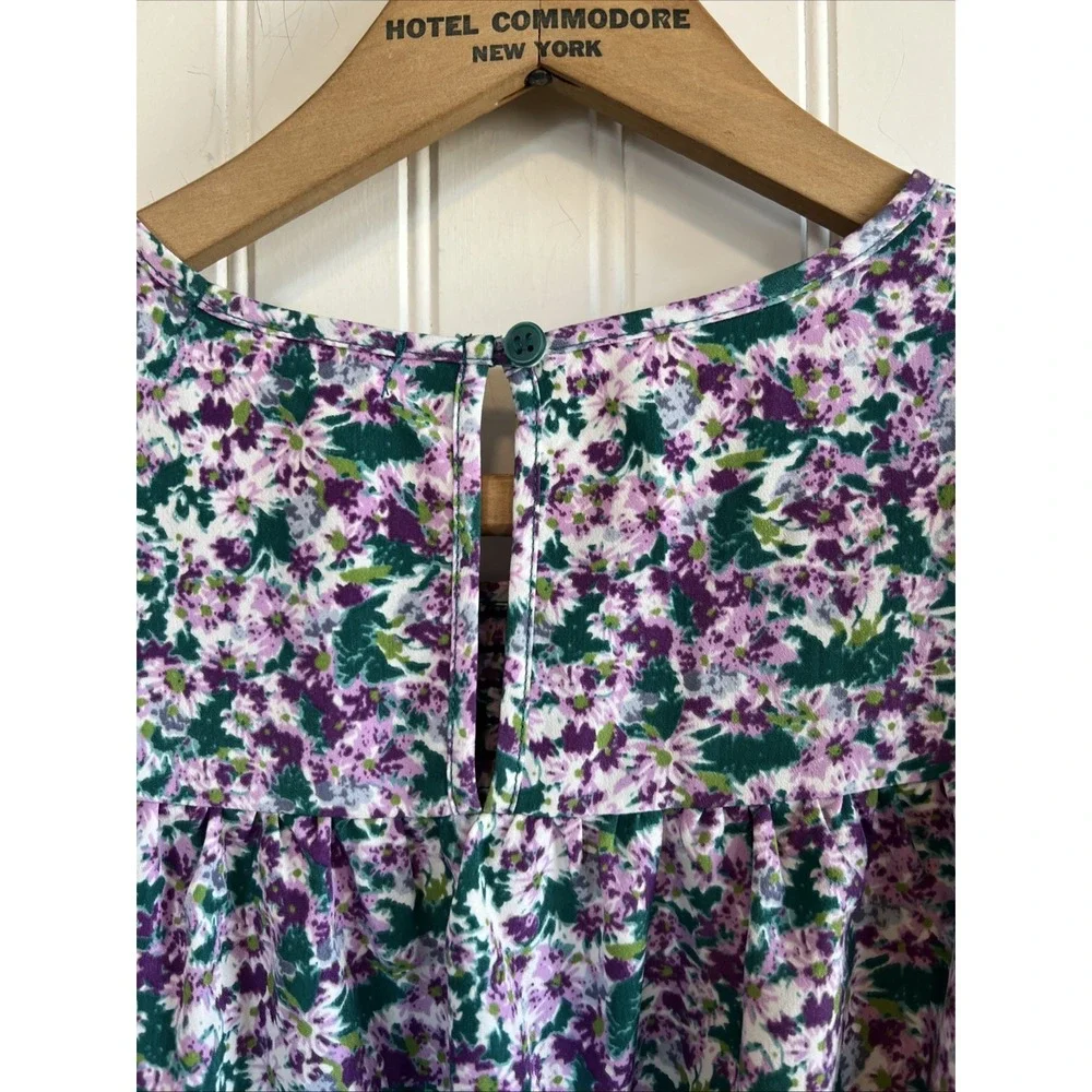 Pleione Blouse XS Peplum Puff 3/4 Sleeve Smocked Floral‎ Purple Green